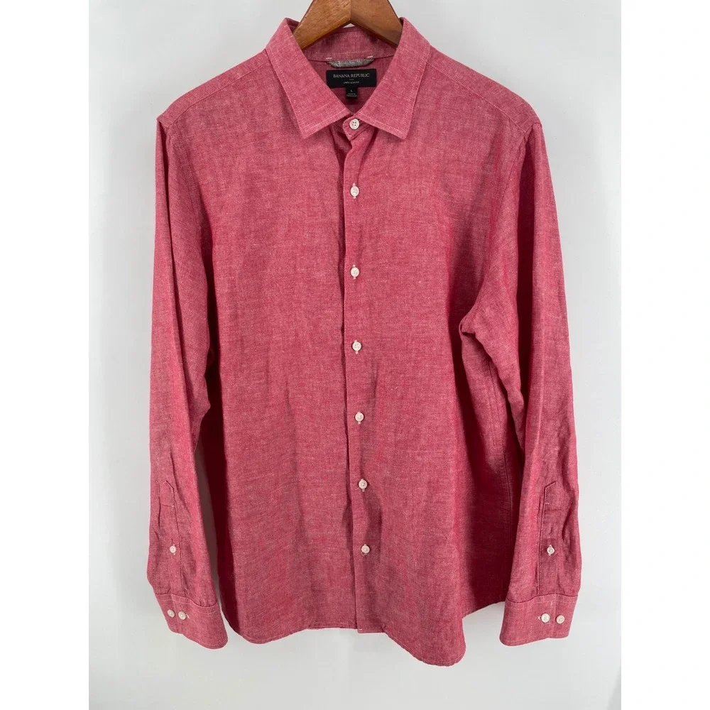 Banana Republic‎ Linen Blend Shirt Mens Large Slim Fit Red Sustainable Coastal